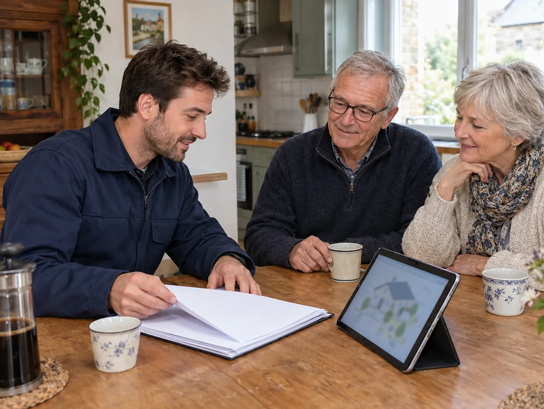 Accompagnateur Rénov' présentant le dossier de travaux à un couple de retraités