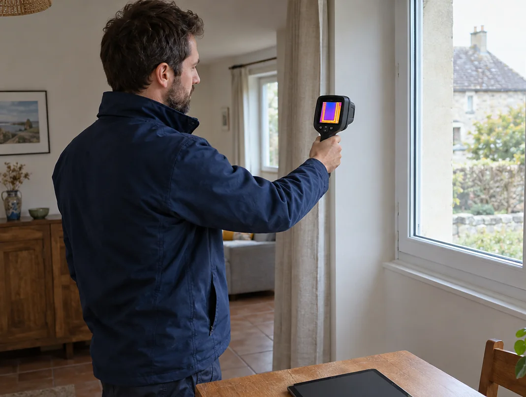 Auditeur réalisant un audit énergétique à la caméra thermique dans un salon