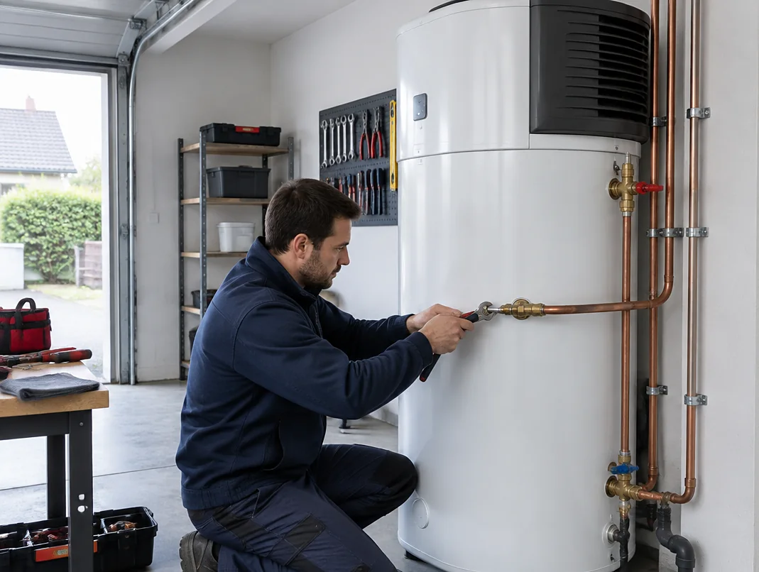 Plombier raccordant un chauffe-eau thermodynamique dans un cellier