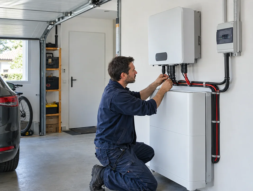 Électricien raccordant une batterie domestique de stockage solaire dans un garage