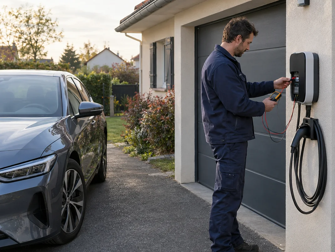 Électricien installant une borne de recharge murale devant le garage d'une maison
