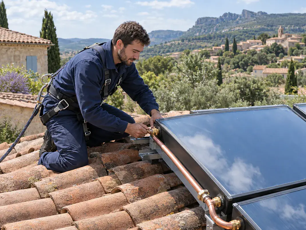 Installateur raccordant les capteurs d'un chauffe-eau solaire sur un toit provençal