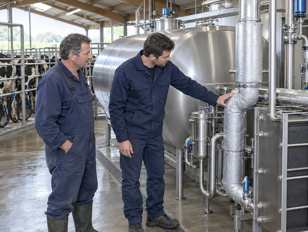 Technicien et éleveur contrôlant le récupérateur de chaleur du tank à lait, économies d'énergie agricoles CEE