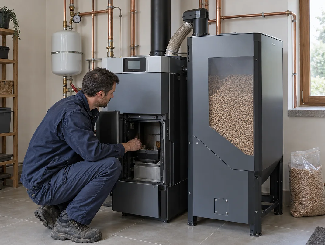 Chauffagiste entretenant une chaudière à granulés biomasse avec son silo
