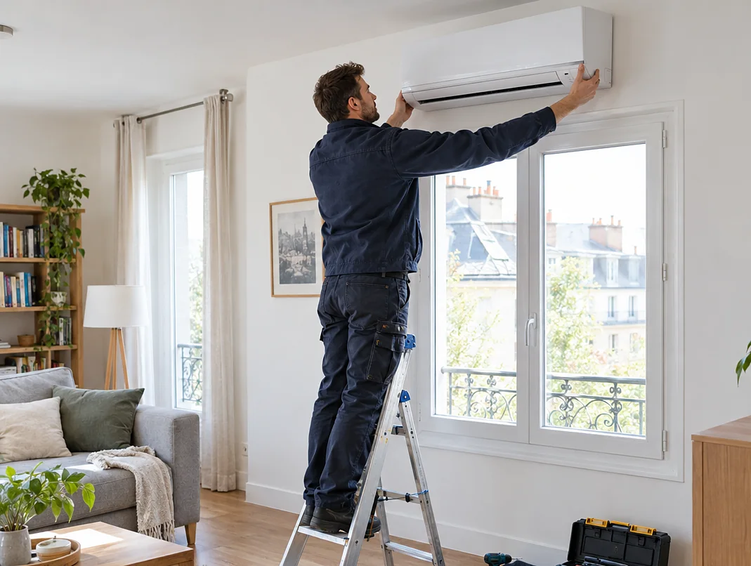Technicien installant une climatisation murale réversible dans un salon lumineux