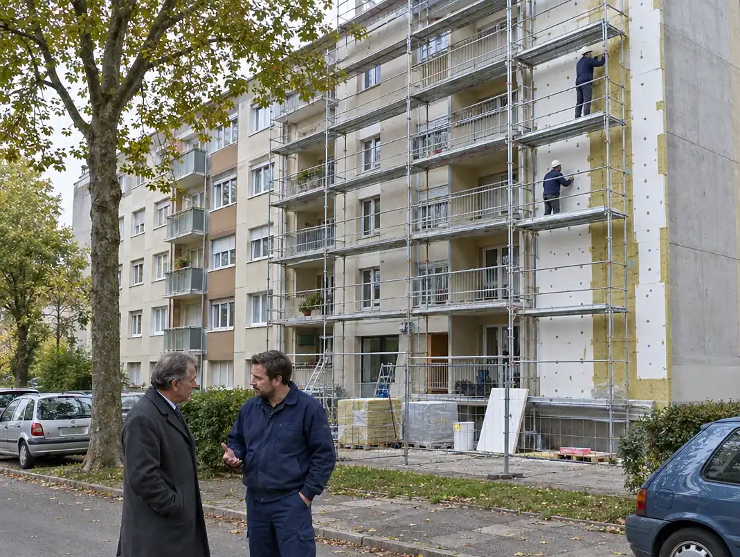 Syndic et chef de chantier devant une copropriété en rénovation sous échafaudage