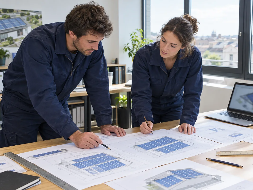 Bureau d'étude dimensionnant une installation solaire sur des plans de toiture