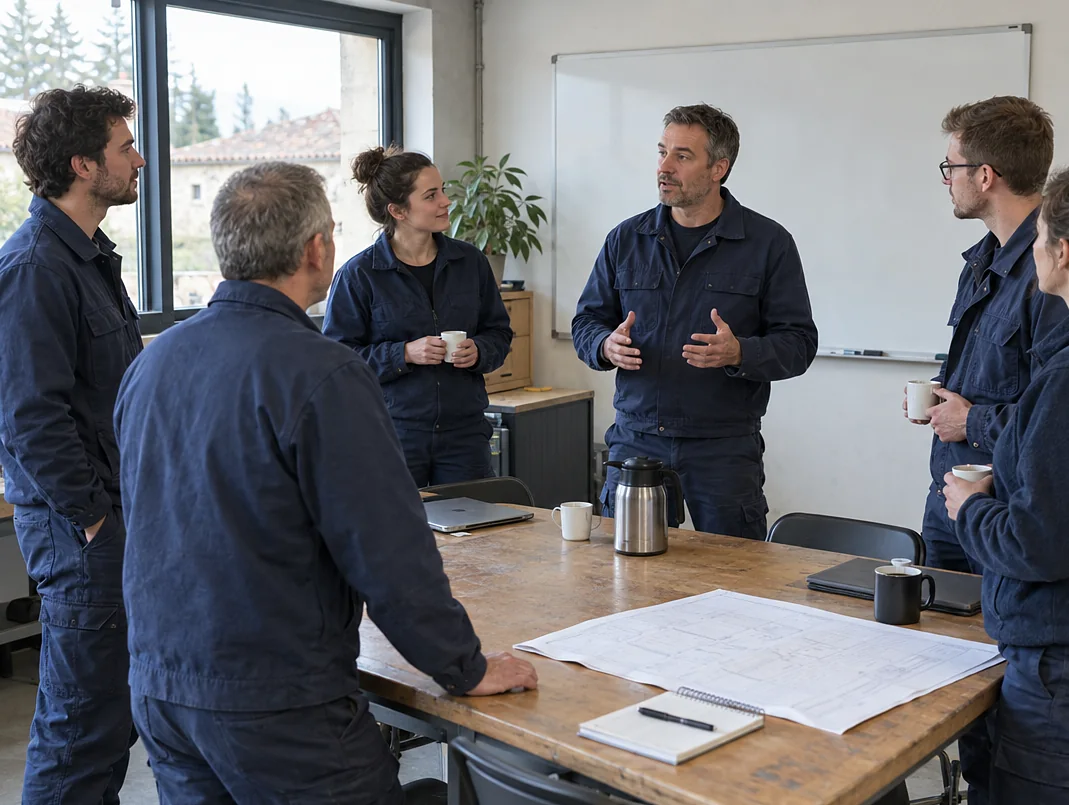 Réunion d'équipe du matin dans une PME d'installation en rénovation énergétique