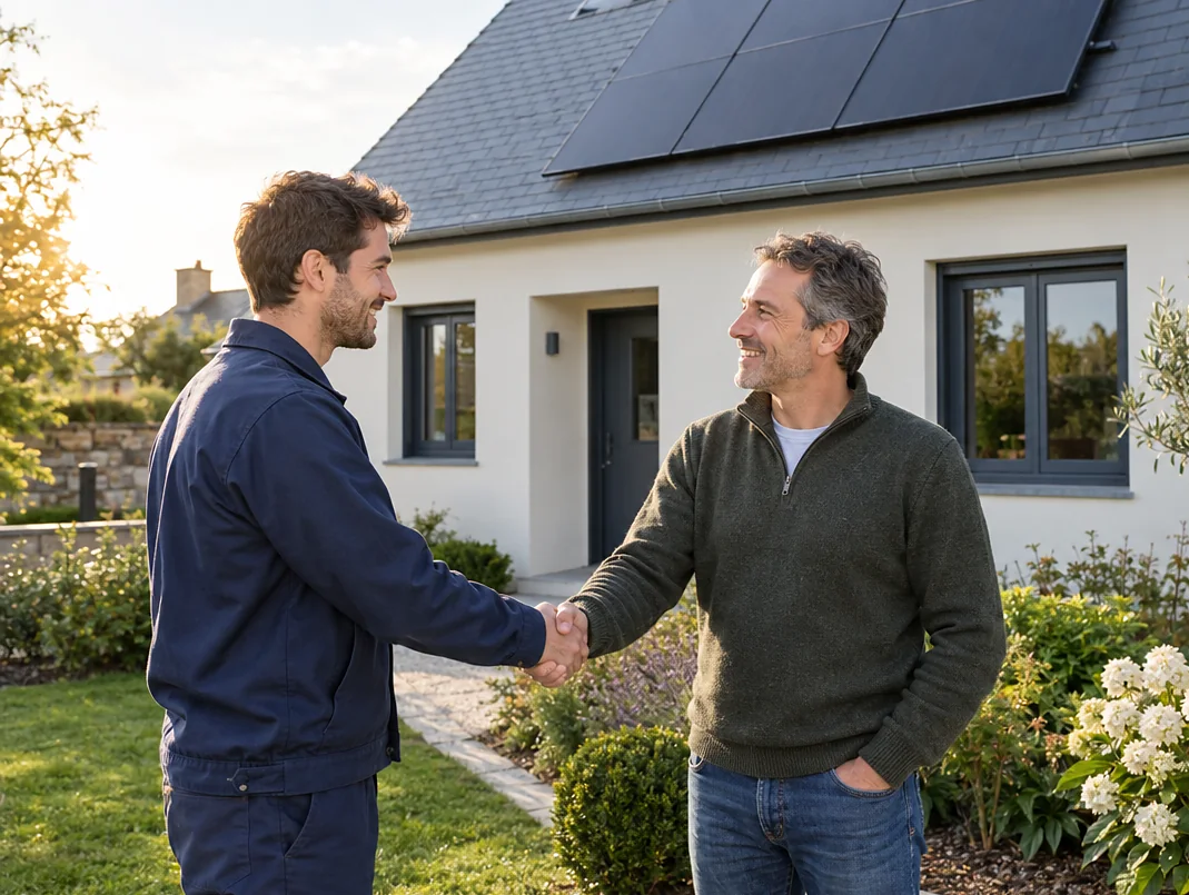Artisan serrant la main d'un client devant sa maison rénovée avec panneaux solaires
