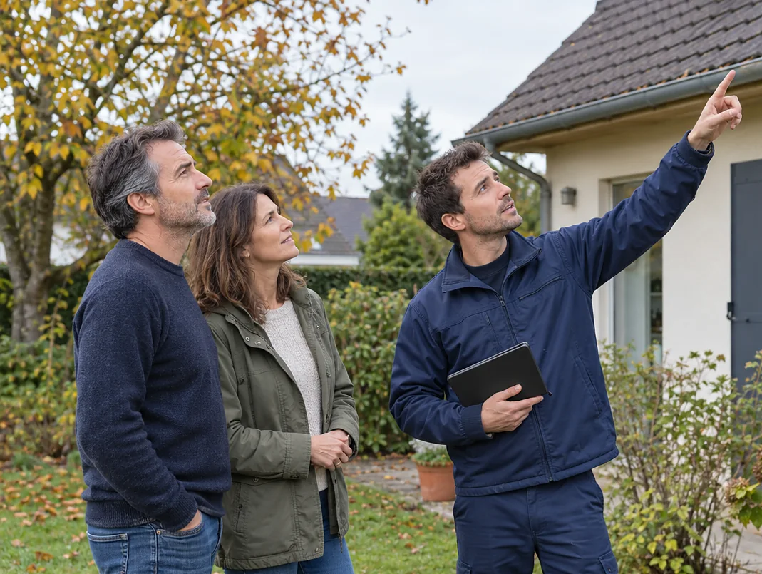Technicien en visite technique chez un couple de propriétaires devant leur maison