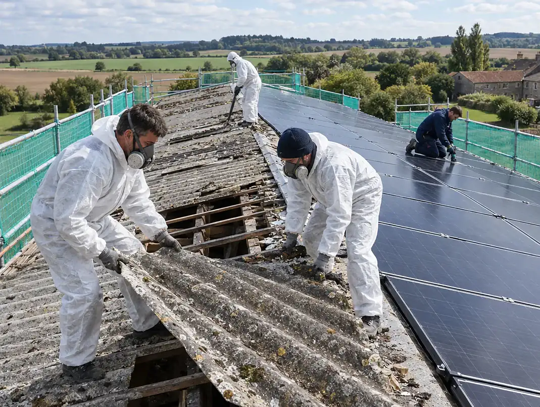 Désamiantage d'une toiture de hangar en fibrociment remplacée par des panneaux solaires