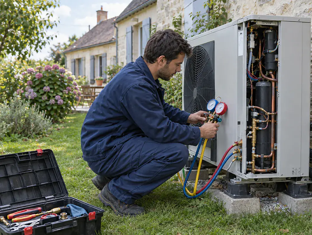 Technicien réalisant l'entretien d'une pompe à chaleur avec ses manomètres frigorifiques