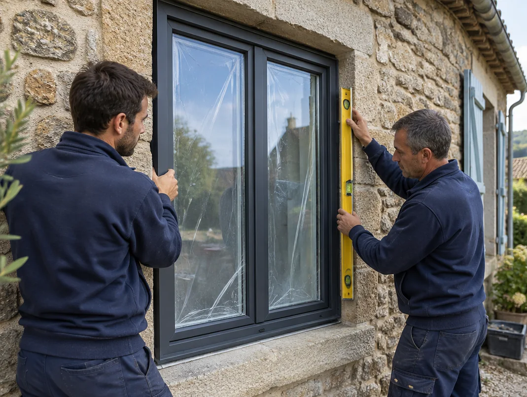 Deux menuisiers posant une fenêtre neuve à cadre gris dans un mur en pierre
