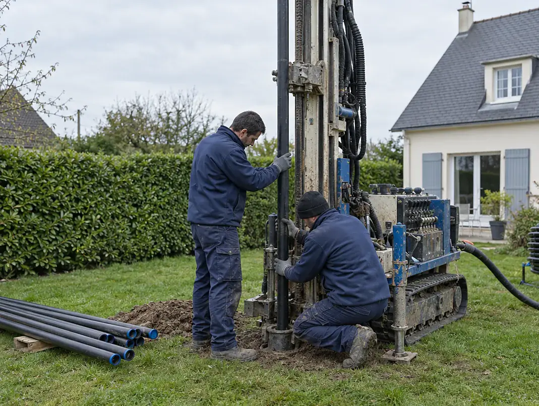 Foreuse et techniciens réalisant un forage pour pompe à chaleur géothermique