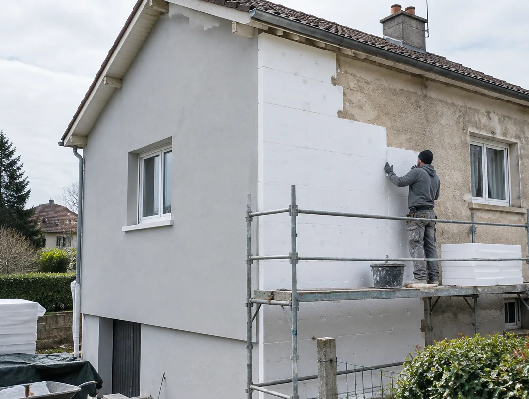 Façadier posant des panneaux isolants pour l'isolation des murs par l'extérieur