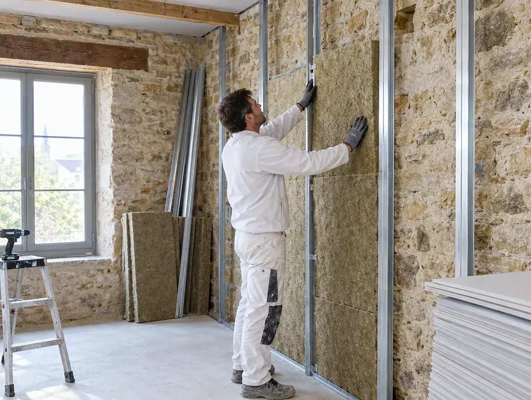 Artisan posant un doublage isolant pour l'isolation intérieure d'un mur en pierre