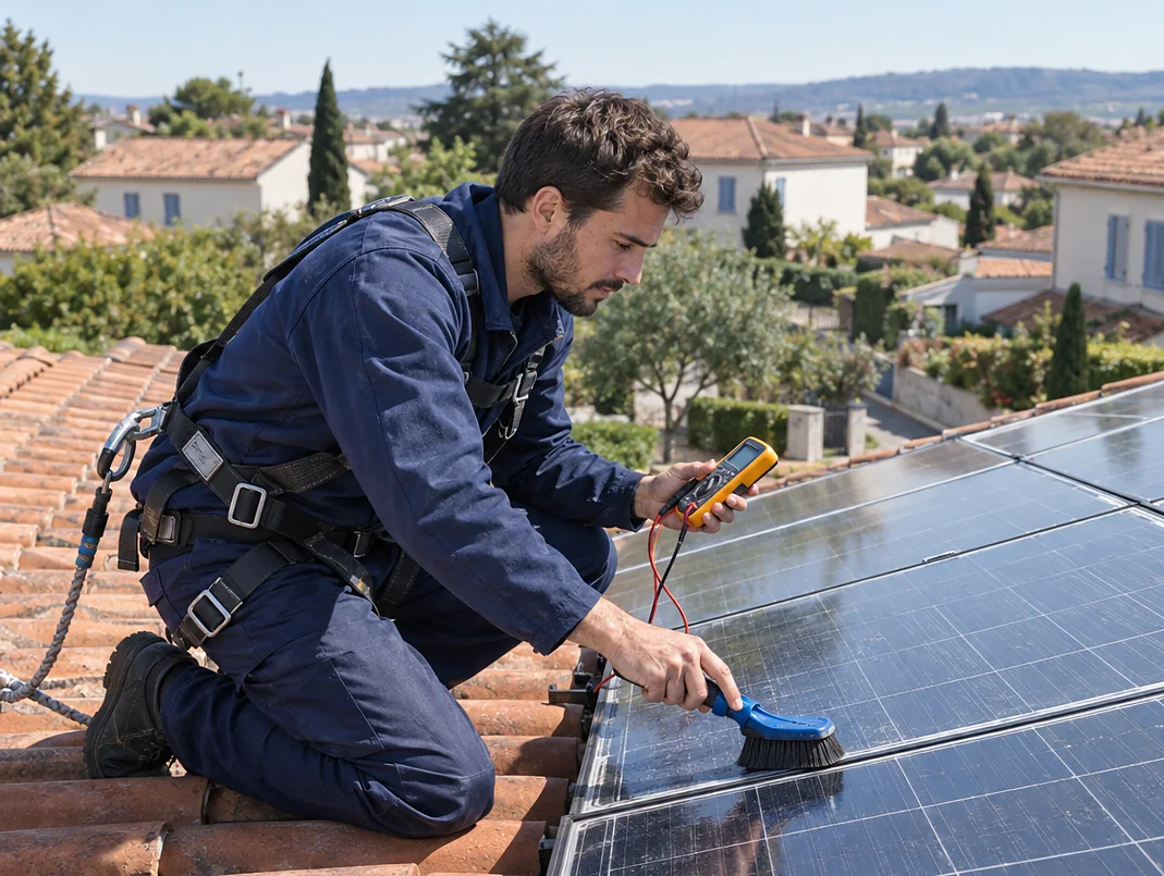 Technicien en maintenance photovoltaïque nettoyant et contrôlant des panneaux sur un toit