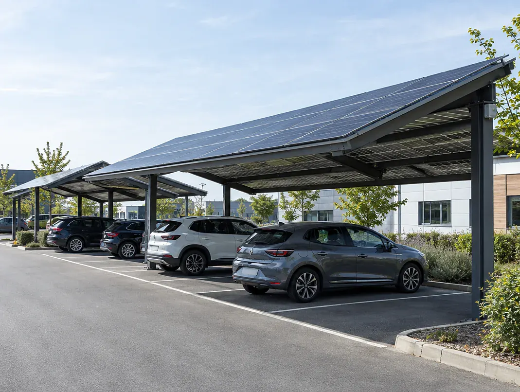 Ombrières photovoltaïques couvrant les places d'un parking extérieur