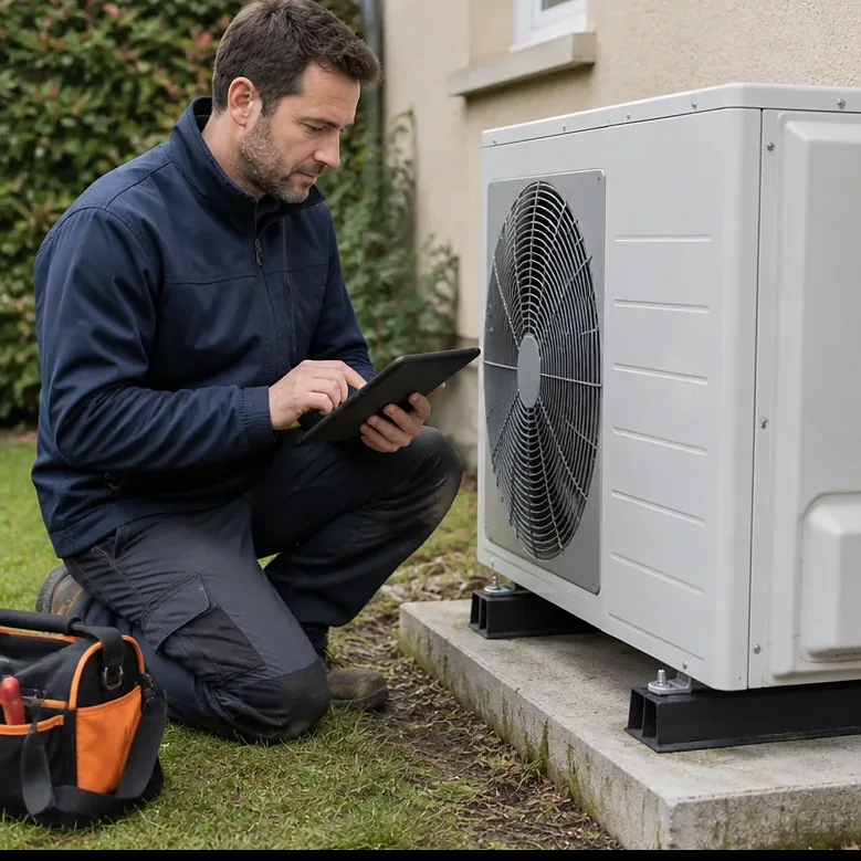 Installateur réglant une pompe à chaleur air-eau dans le jardin d'une maison