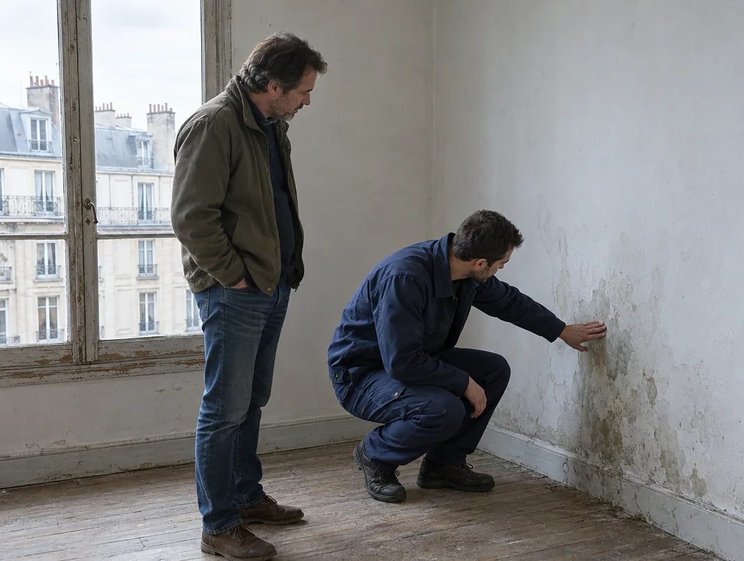Propriétaire bailleur et artisan inspectant un mur humide d'un logement passoire thermique