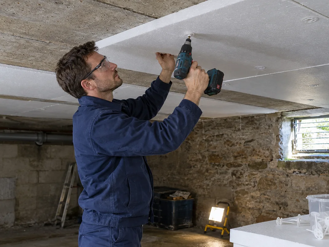 Artisan fixant des panneaux isolants au plafond d'un sous-sol, isolation du plancher bas