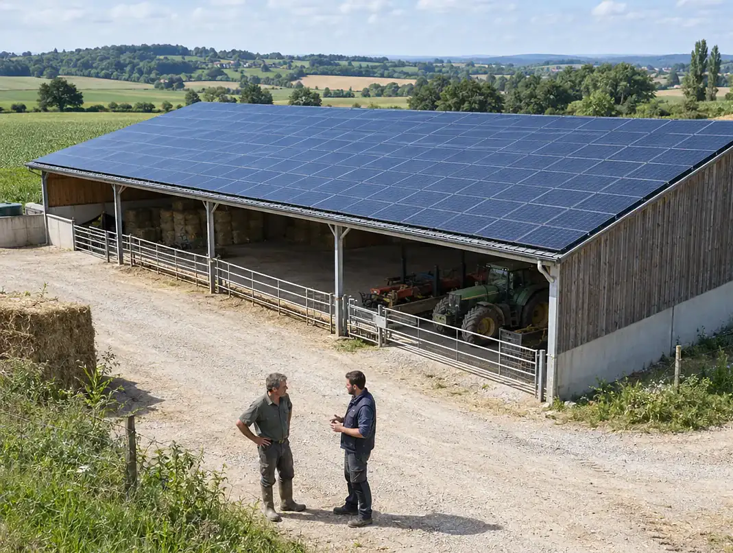 Hangar agricole couvert de panneaux photovoltaïques, exploitant et installateur dans la cour