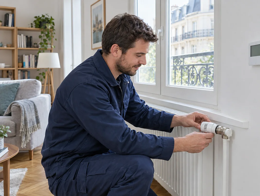 Chauffagiste posant une tête thermostatique sur un radiateur, régulation du chauffage
