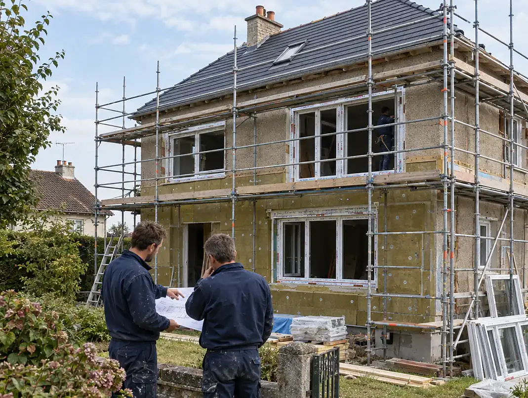 Chantier de rénovation globale d'une maison sous échafaudage avec artisans