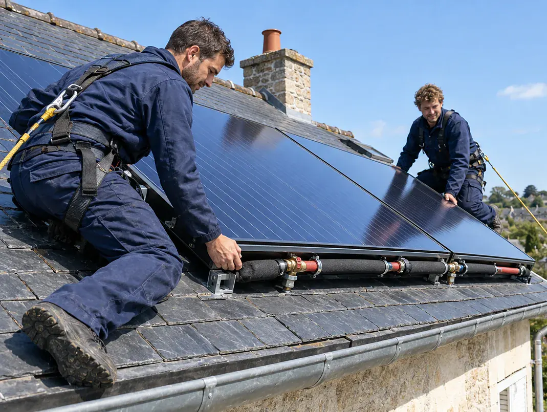 Deux installateurs fixent des panneaux solaires hybrides sur une toiture en ardoise