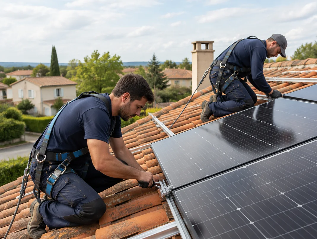 Installateur posant des panneaux solaires photovoltaïques sur une toiture en tuiles