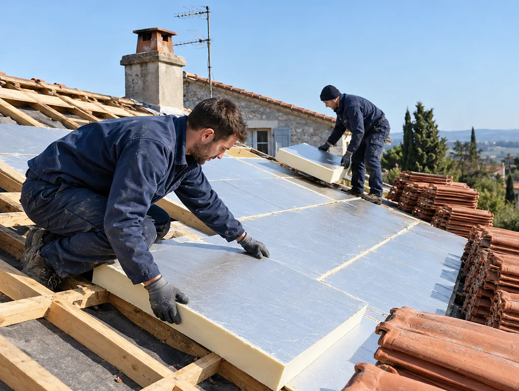 Couvreurs posant des panneaux isolants sur chevrons pour l'isolation de toiture