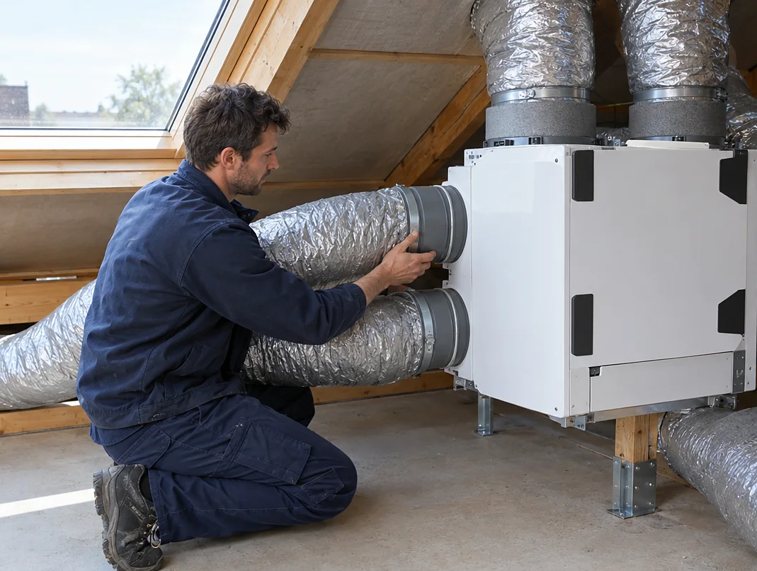 Technicien raccordant les gaines d'une VMC double flux dans des combles